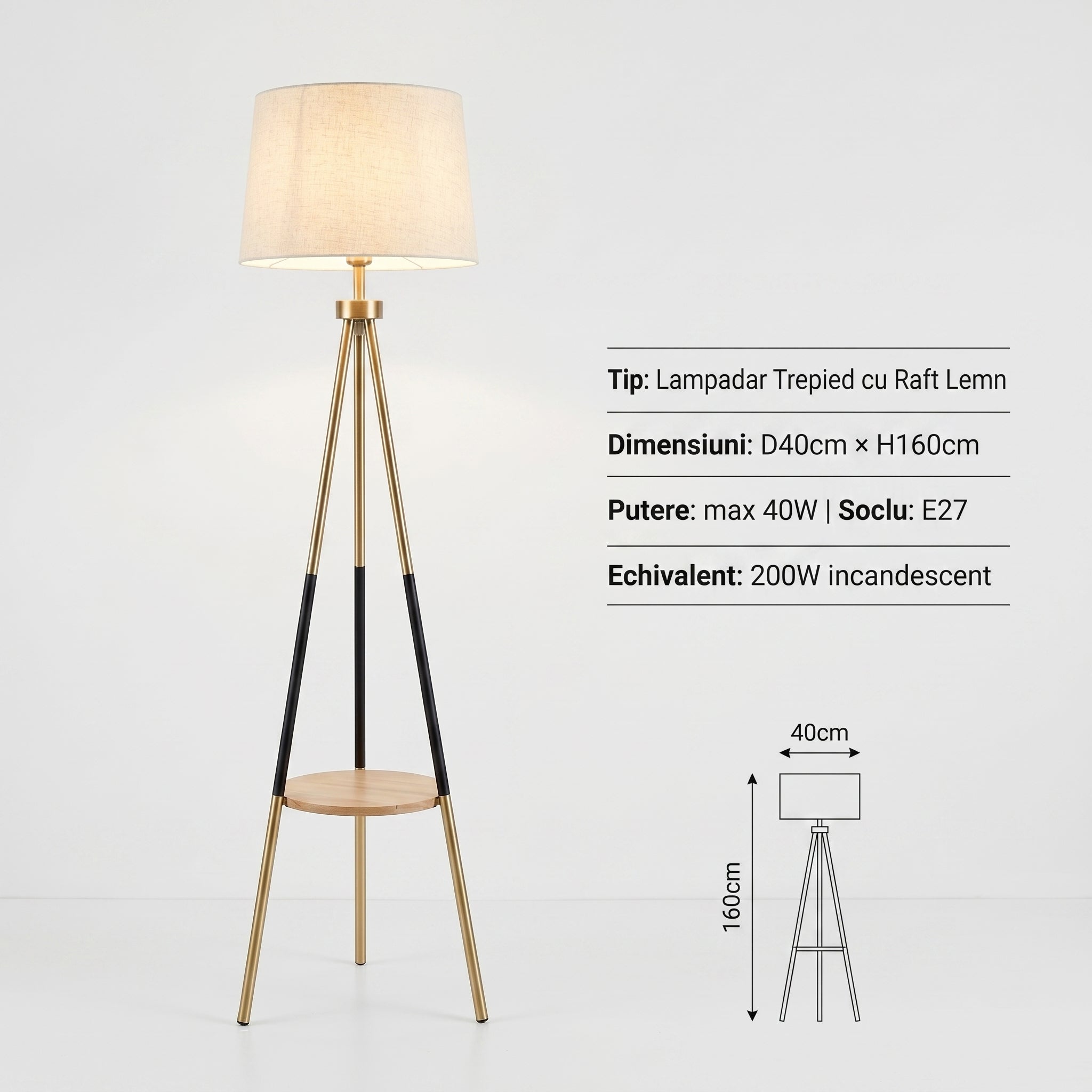 Lampadar Abajur Trepied VERANO 1xE27 160cm Black&Gold