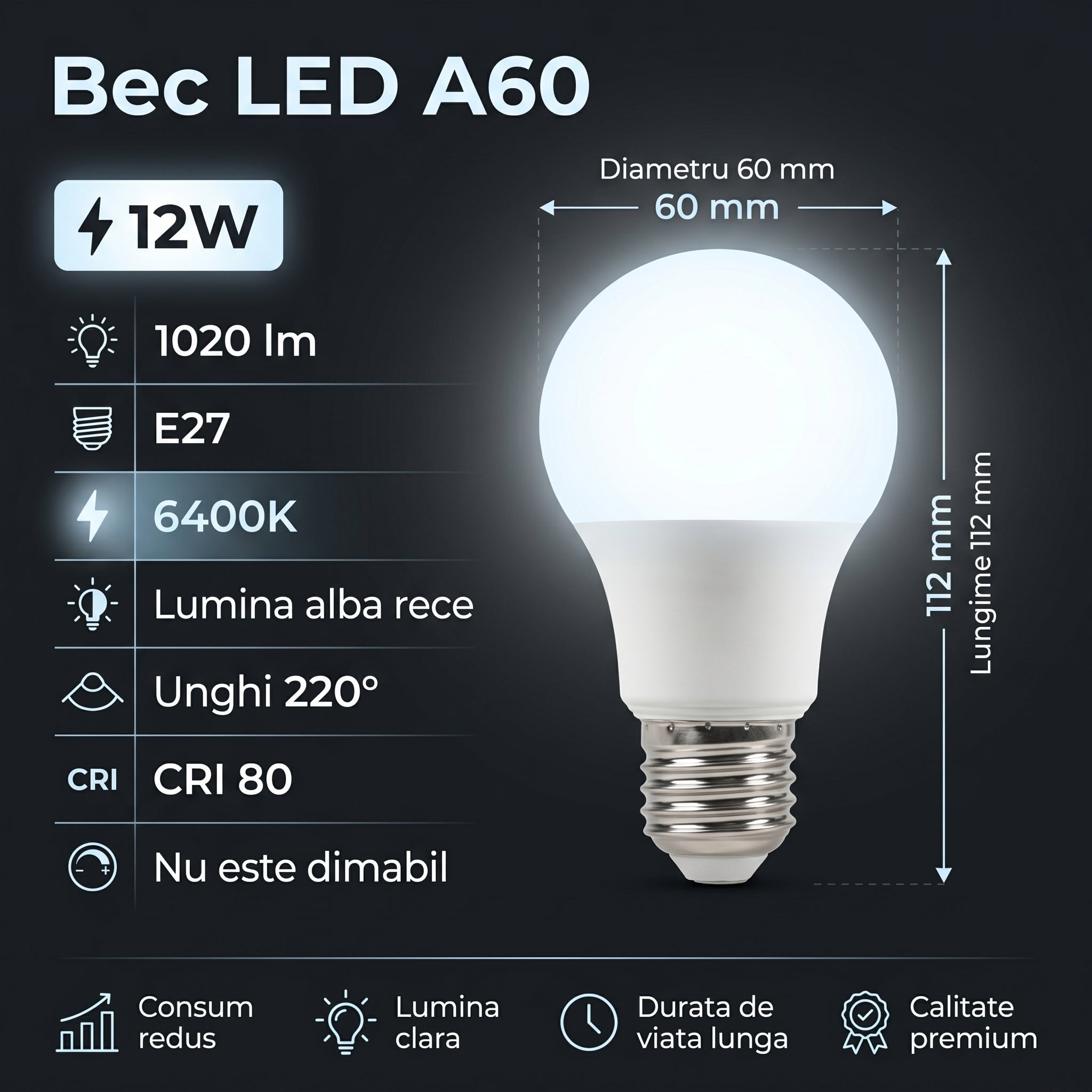 Bec LED A60 Mat E27 Lumina Rece 12W Echivalent 75W