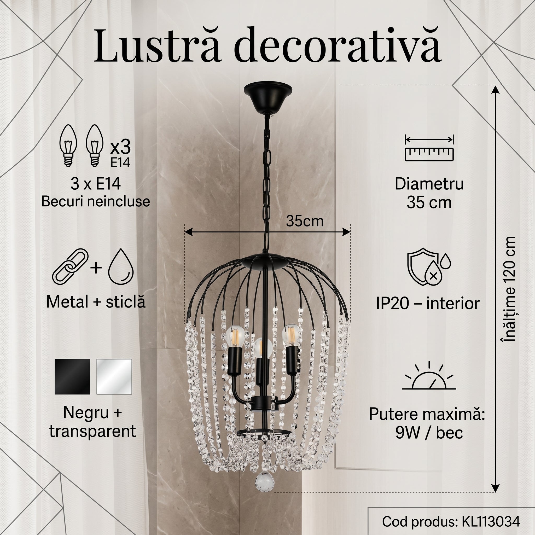 Lustra ARABELLA Suspendata Neagra 3xE14 cu Cristal K9
