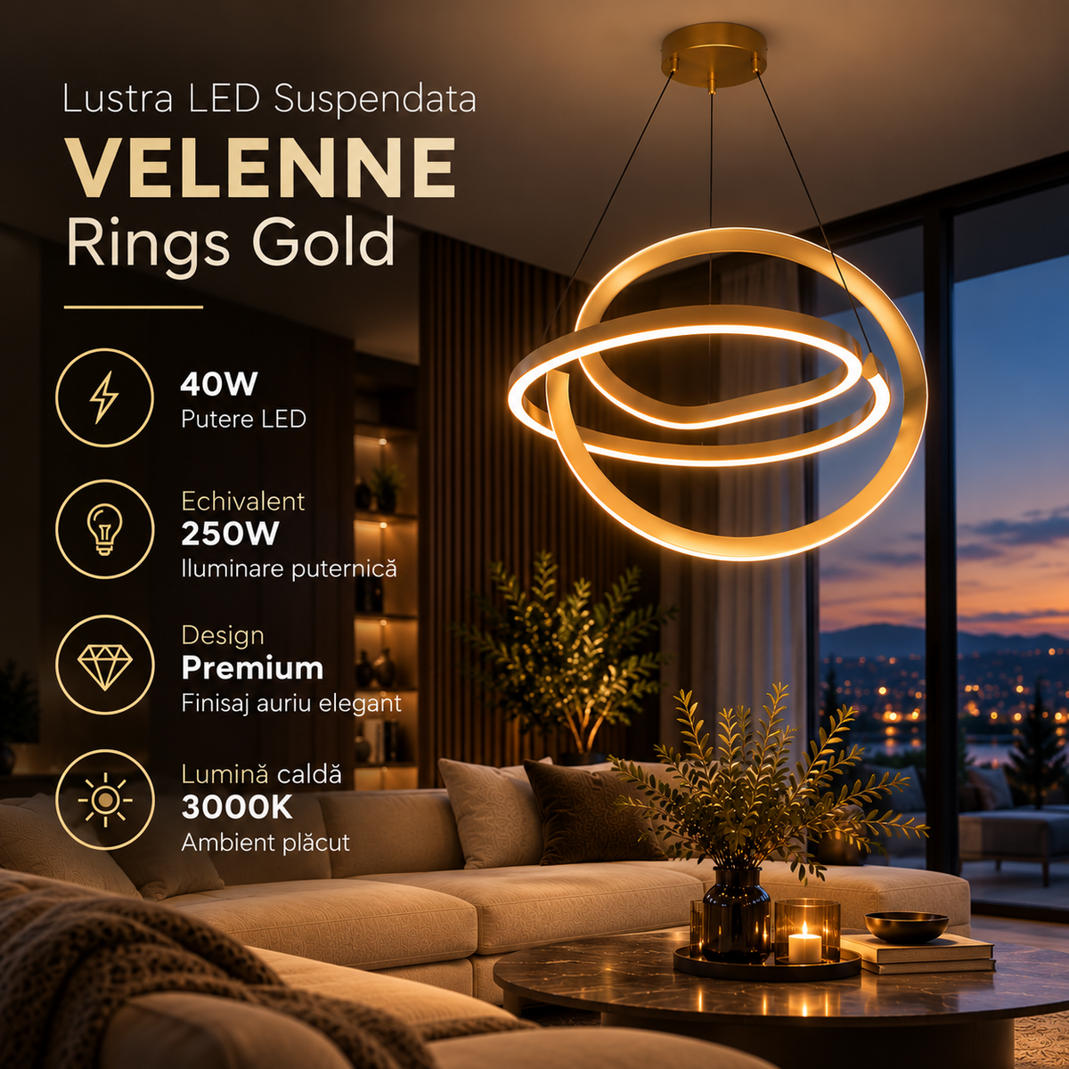 Lustra LED Suspendata 40W VELENNE Rings Gold Echivalent 250W Premium