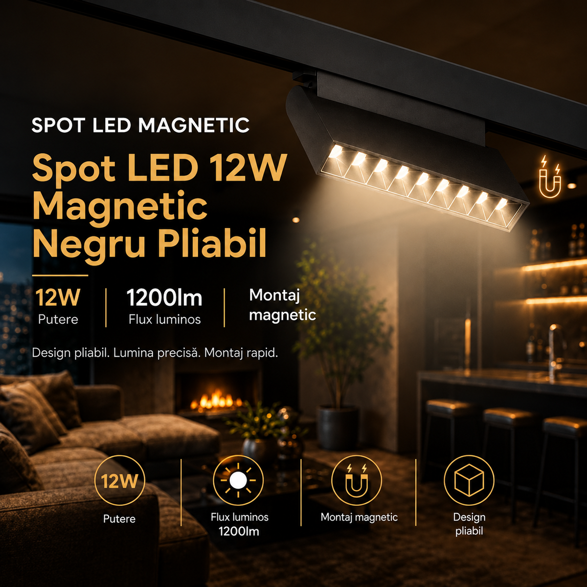 Spot LED 12W Magnetic Negru Pliabil