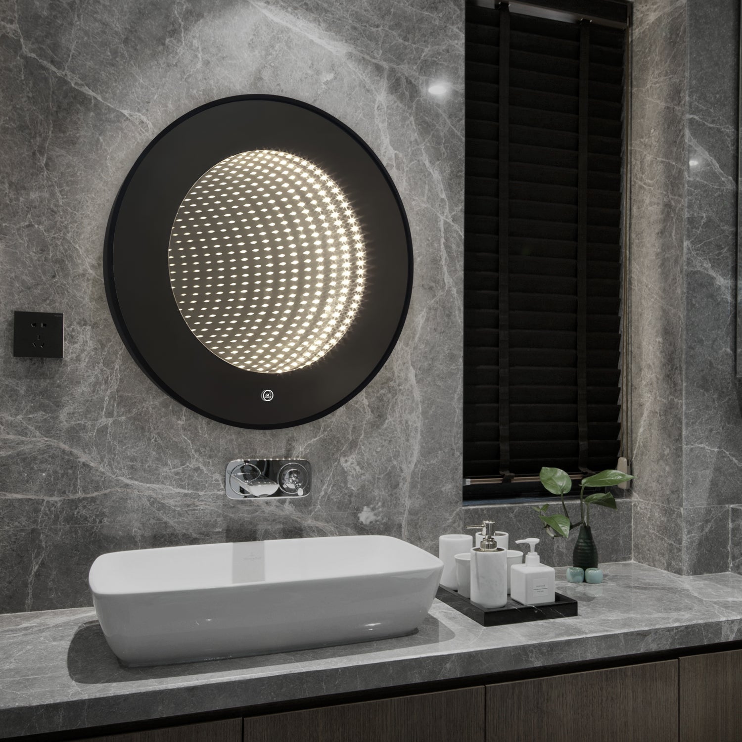 Oglinda LED Rotunda cu Rama Neagra 3D Infinity Mirror, 3 Lumini si Touch J183F