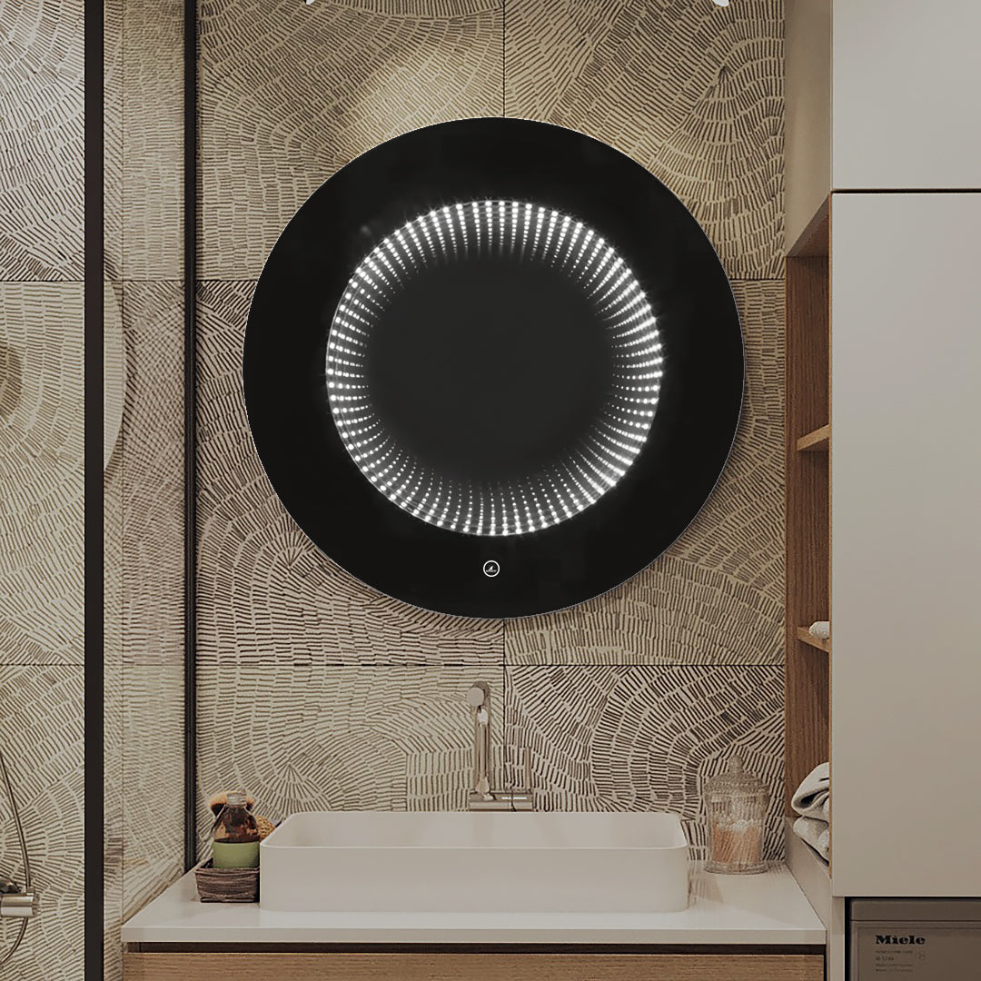Oglinda LED Rotunda cu Rama Neagra 3D Infinity Mirror, 3 Lumini si Touch J183F