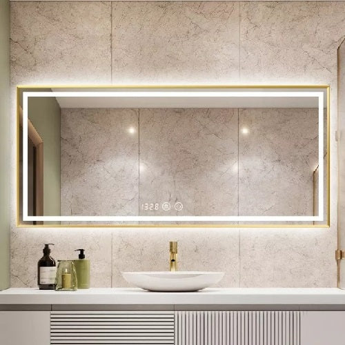 Oglinda LED 120x80cm cu Rama Aurie Functie Dezaburire, Touch si Ceas J47