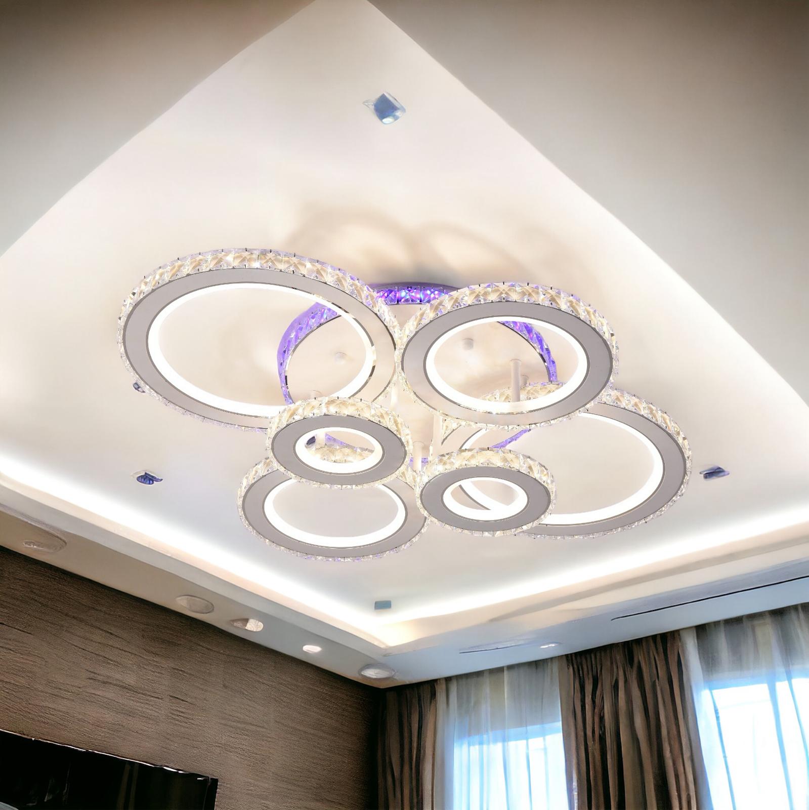 Lustra LED 6 CIRCLE Cristal Alba RGB Echivalent 800W Telecomanda