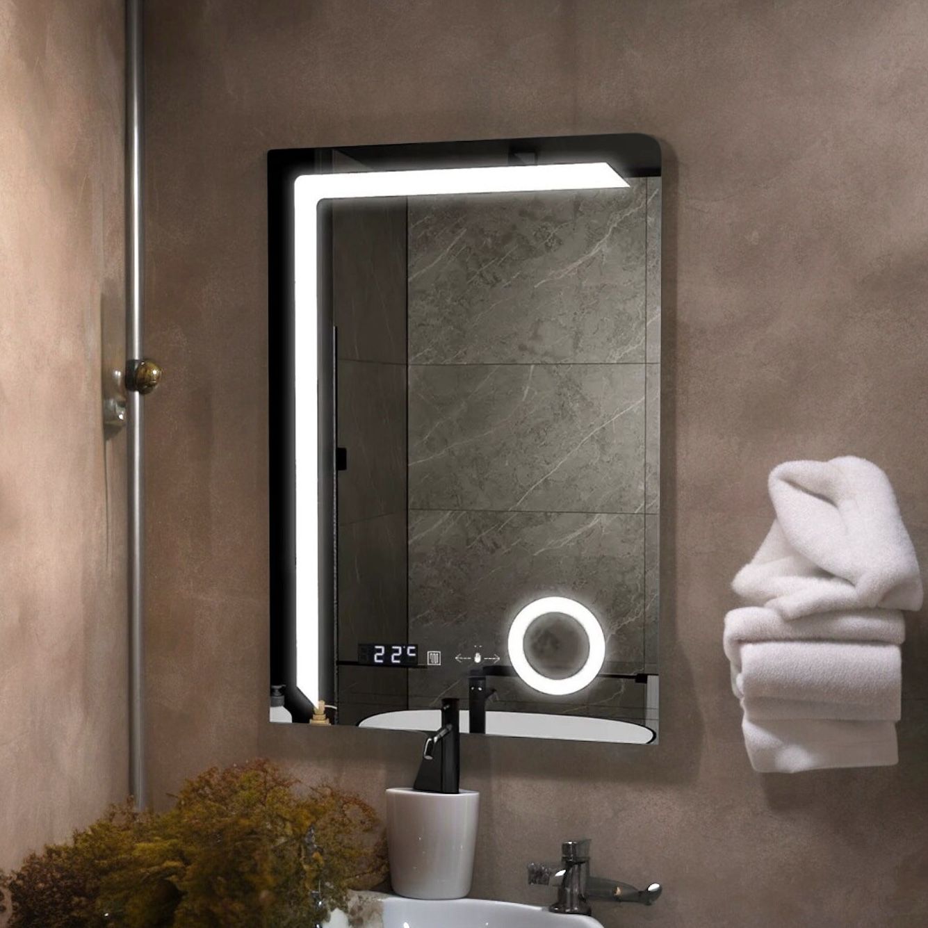 Oglinda LED 60x80cm, LUPA, SENZOR, 3 Lumini, Dezaburire si Ceas W07