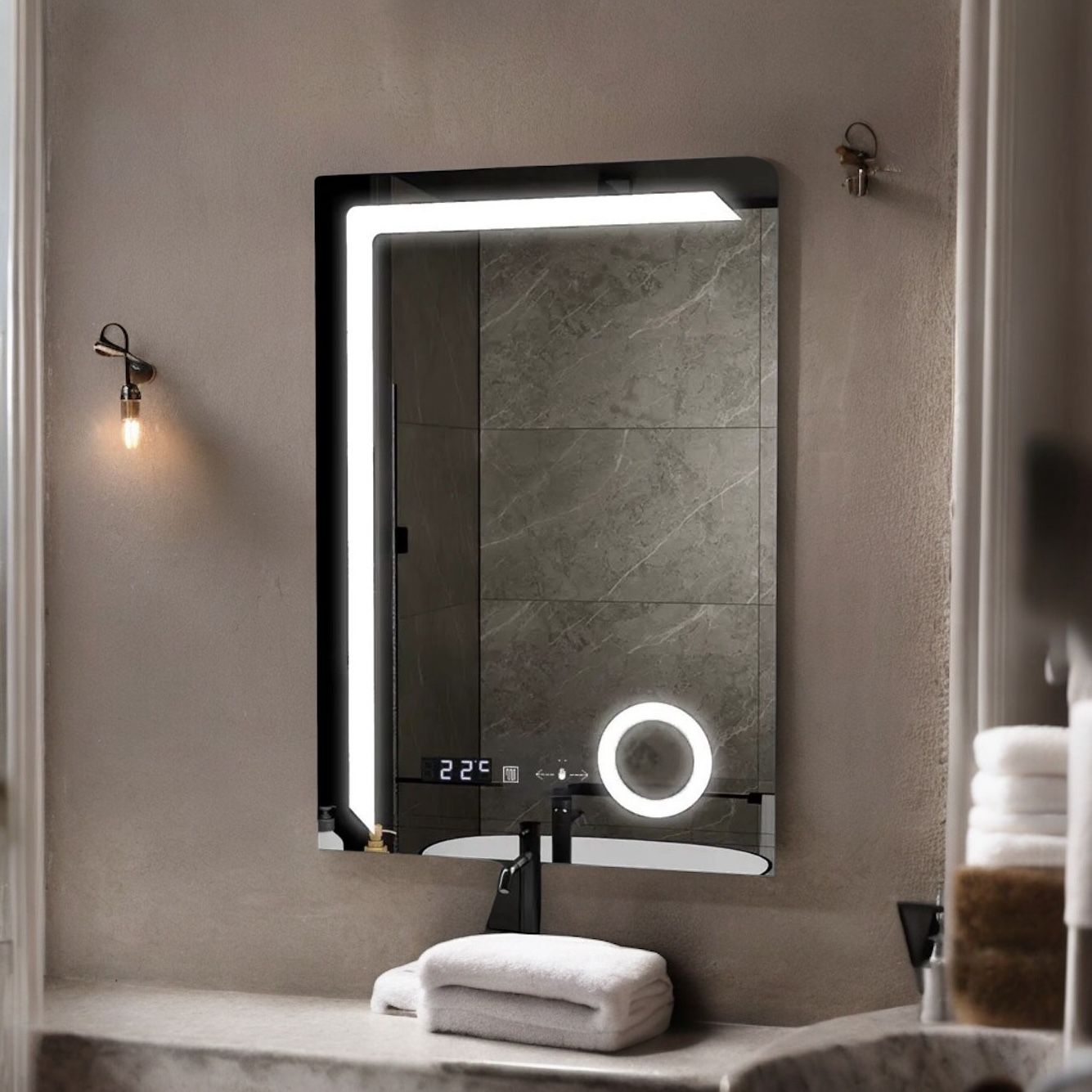 Oglinda LED 60x80cm, LUPA, SENZOR, 3 Lumini, Dezaburire si Ceas W07