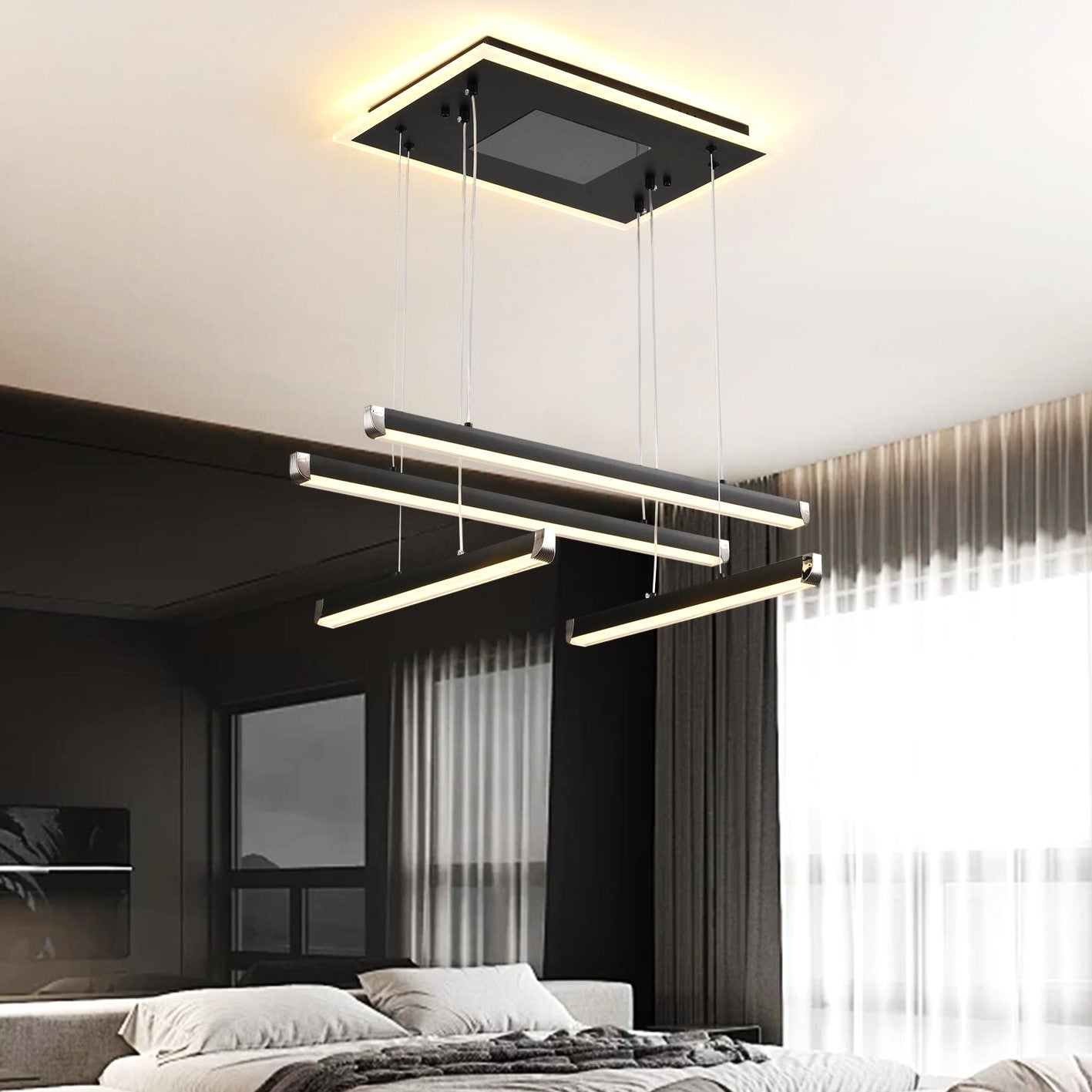 Lustra LED 4 LINES Black Suspendata Echivalent 500W Telecomanda