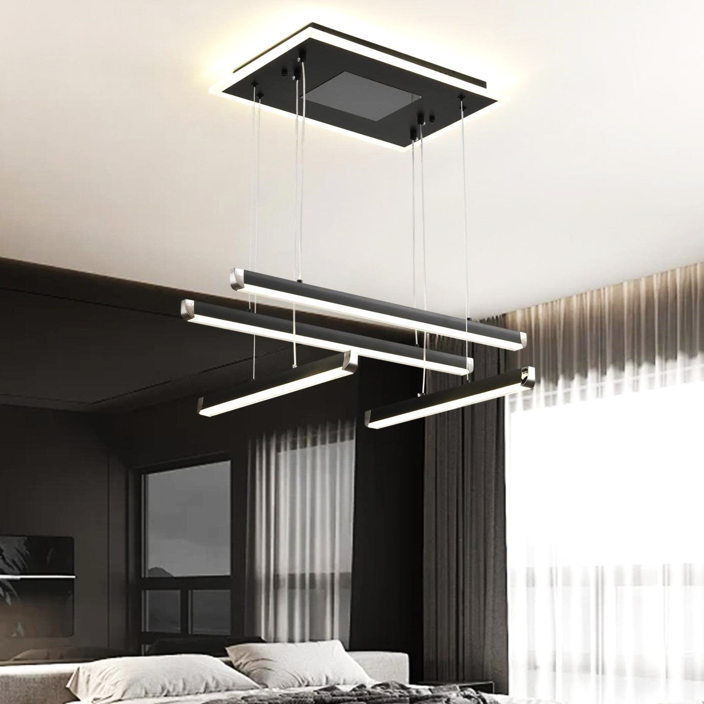 Lustra LED 4 LINES Black Suspendata Echivalent 500W Telecomanda