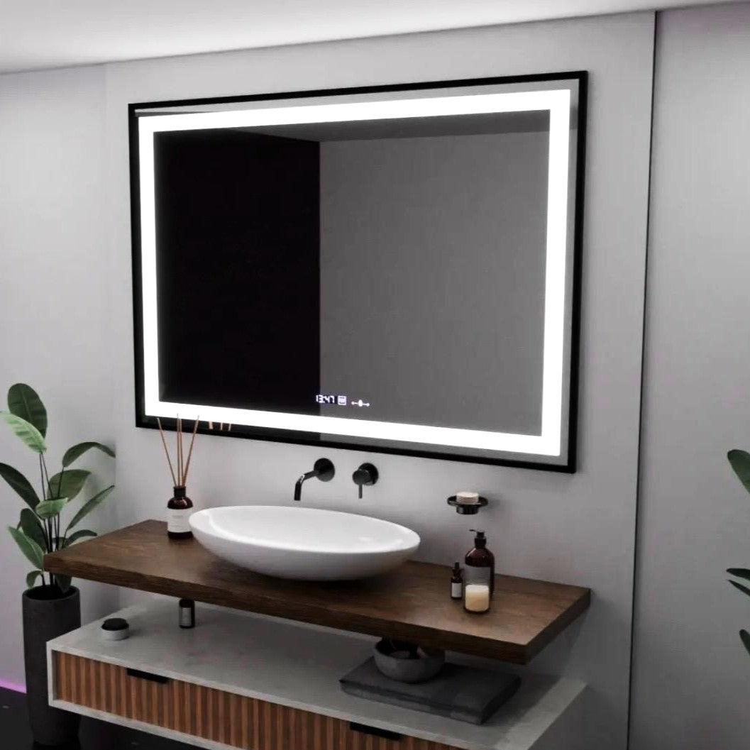 Oglinda LED 100x70cm Rama Neagra, Senzor, Dezaburire, 3 Lumini, Temperatura si Ceas W03