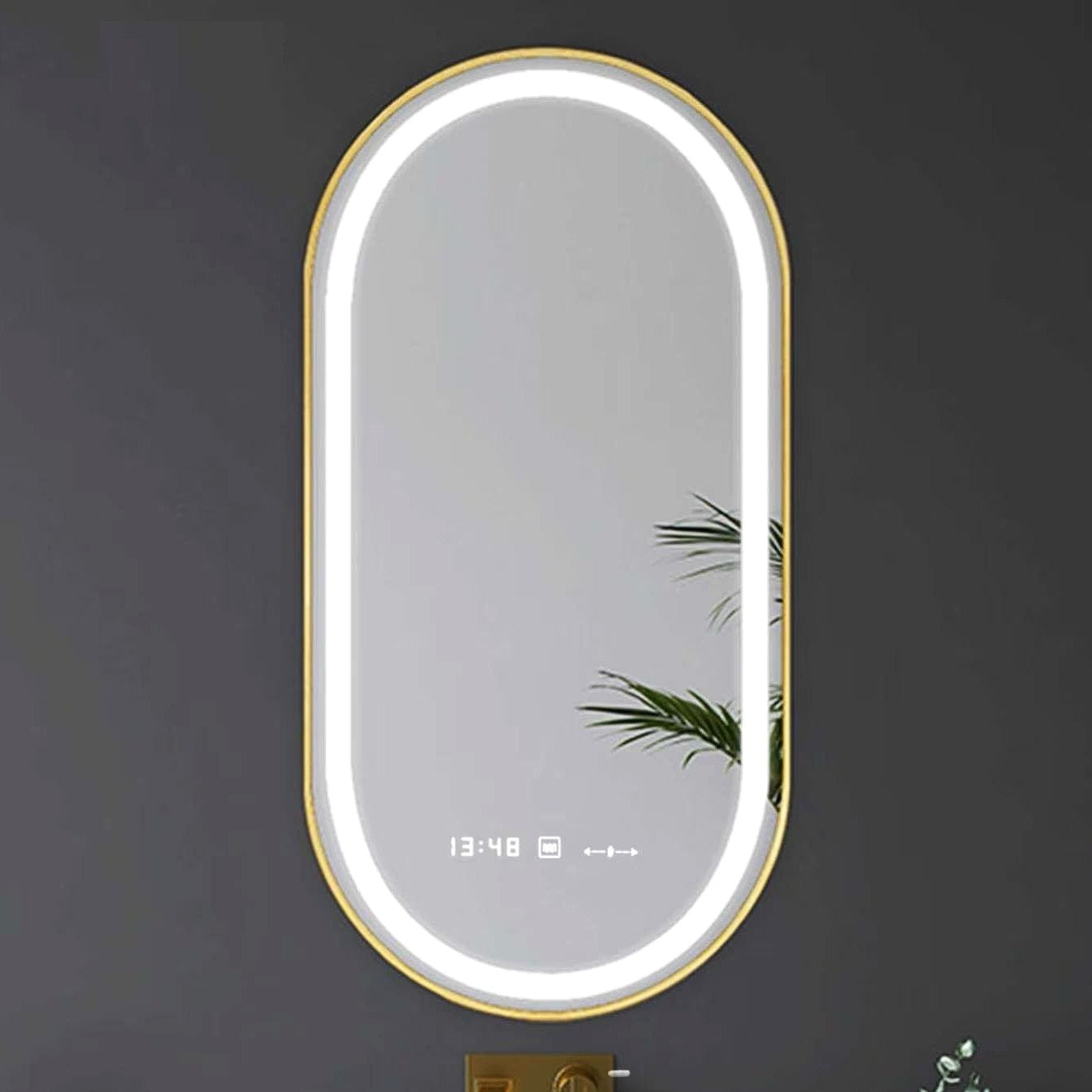 Oglinda LED Ovala 50x80cm Rama Aurie, Senzor, Dezaburire, 3 Lumini, Temperatura si Ceas W25