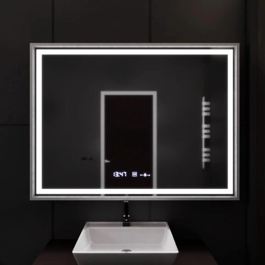 Oglinda LED 80x60cm Rama Argintie, Senzor, Dezaburire, 3 Lumini, Temperatura si Ceas W02