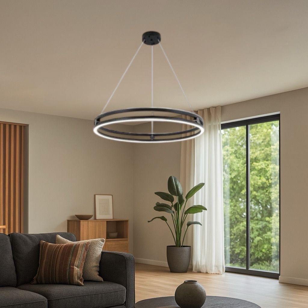 Lustra LED Mini Ring Neagra Suspendata Echivalent 400W Telecomanda