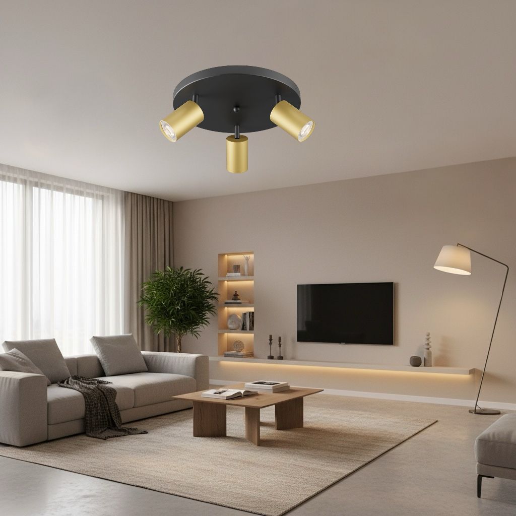 Lustra Negru & Auriu cu 3 Spoturi Reglabile Suport Rotund 3xGU10