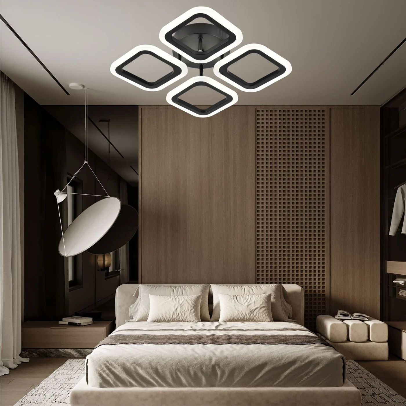 Lustra LED 4 SQUARES Black Echivalent 250W Telecomanda Lighting Fixtures