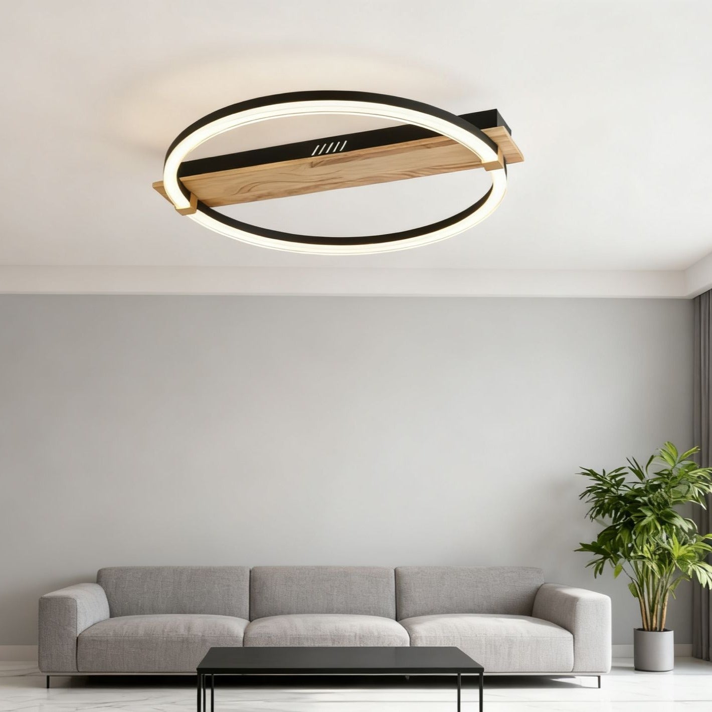 Lustra LED MONDEO Black & Wood Echivalent 350W Telecomanda