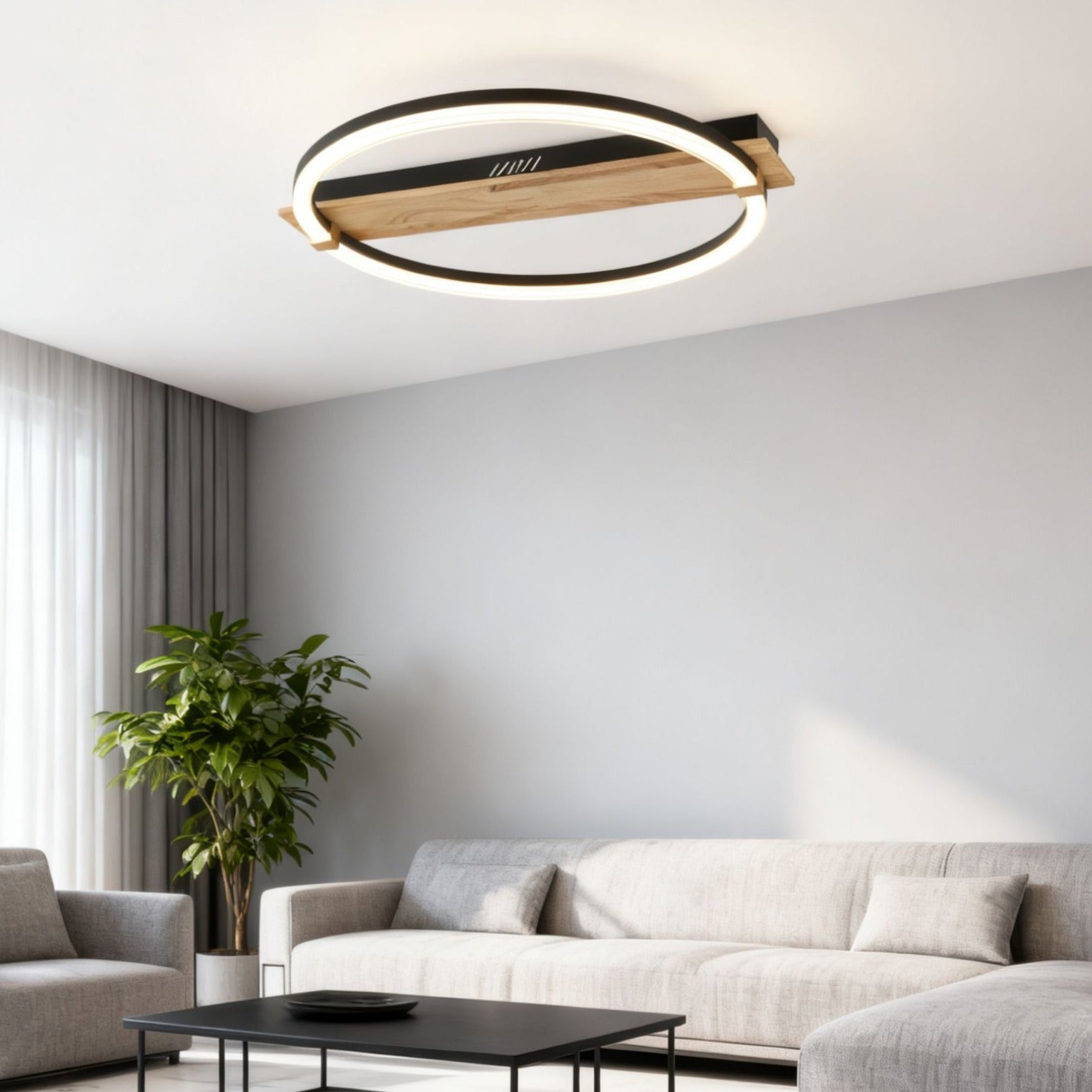 Lustra LED MONDEO Black & Wood Echivalent 350W Telecomanda