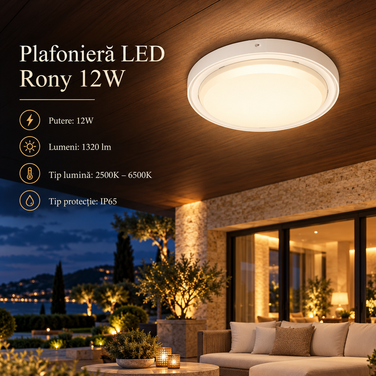 Plafoniera LED Exterior Rony White 12W | 1320lm | IP65 | 3 Tipuri de Lumina
