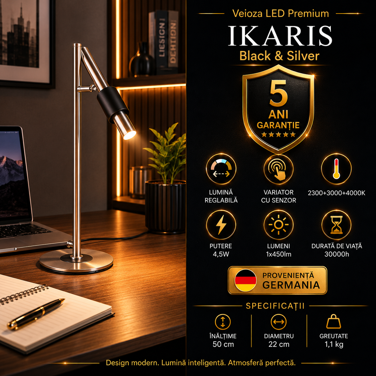 Veioza LED Premium IKARIS Black & Silver 50CM