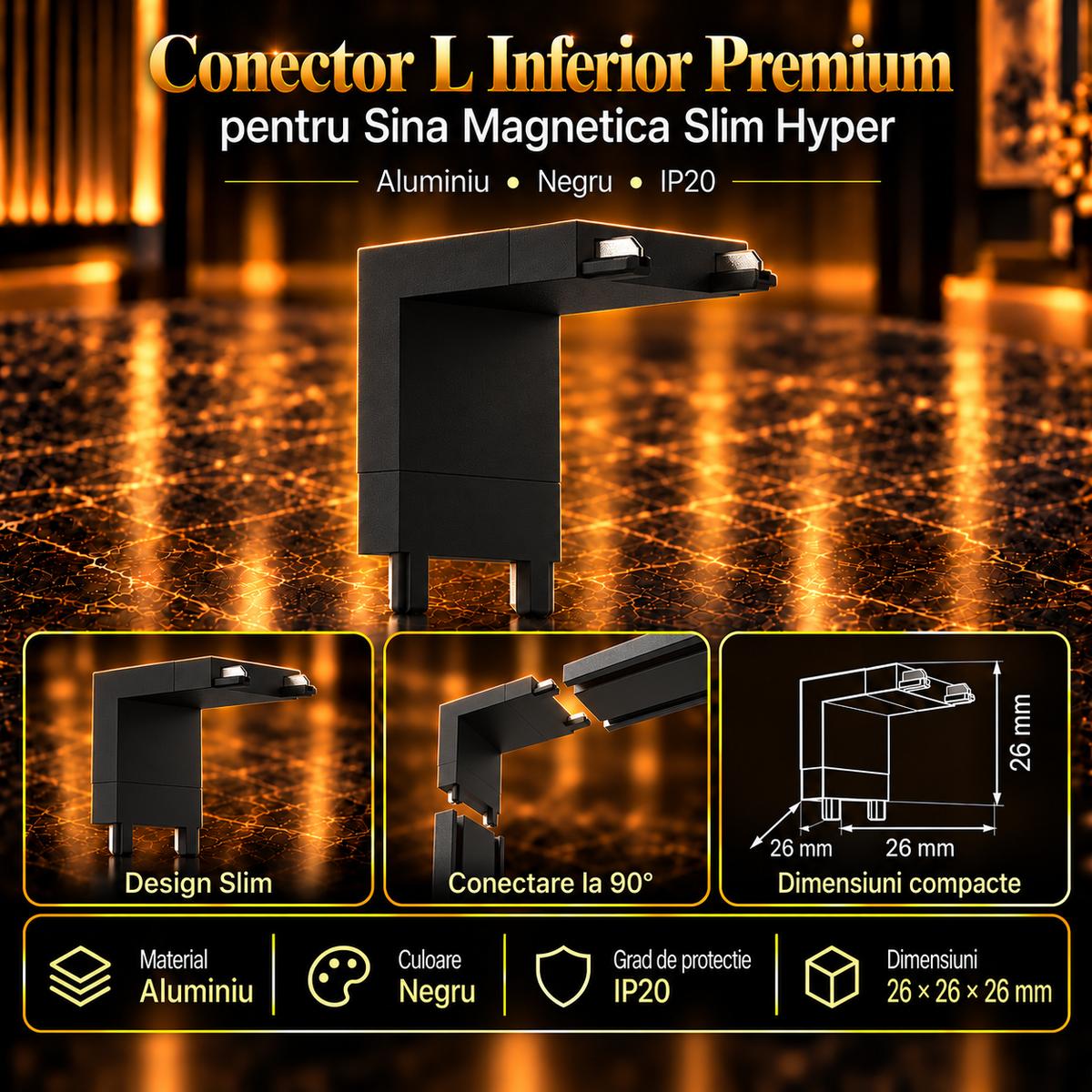 Conector L Inferior Premium Black pentru Sina Magnetica Hyper