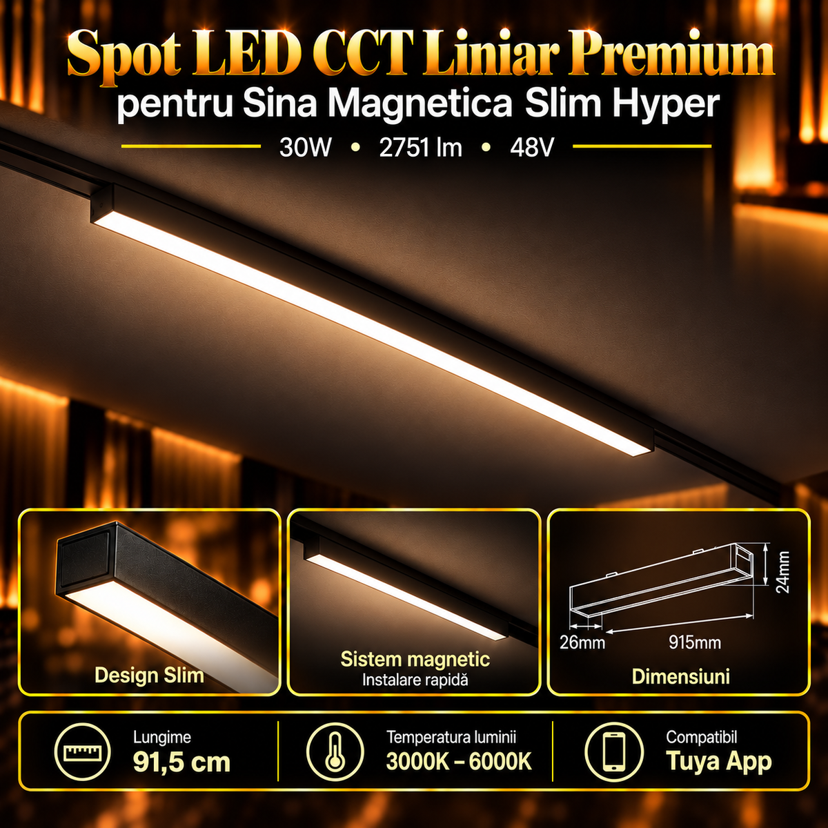 Spot LED Magnetic Liniar Premium Hyper Black 30W | 91.5CM | 48V | 3 Tipuri de Lumina