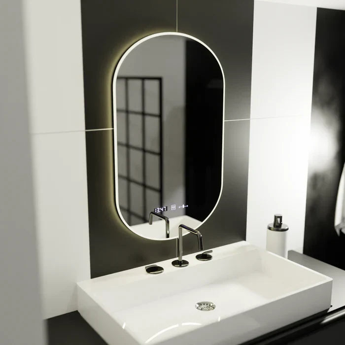 Oglinda LED 50x80cm Ovala, Senzor, 3 Lumini, Ceas, Dezaburire si Touch