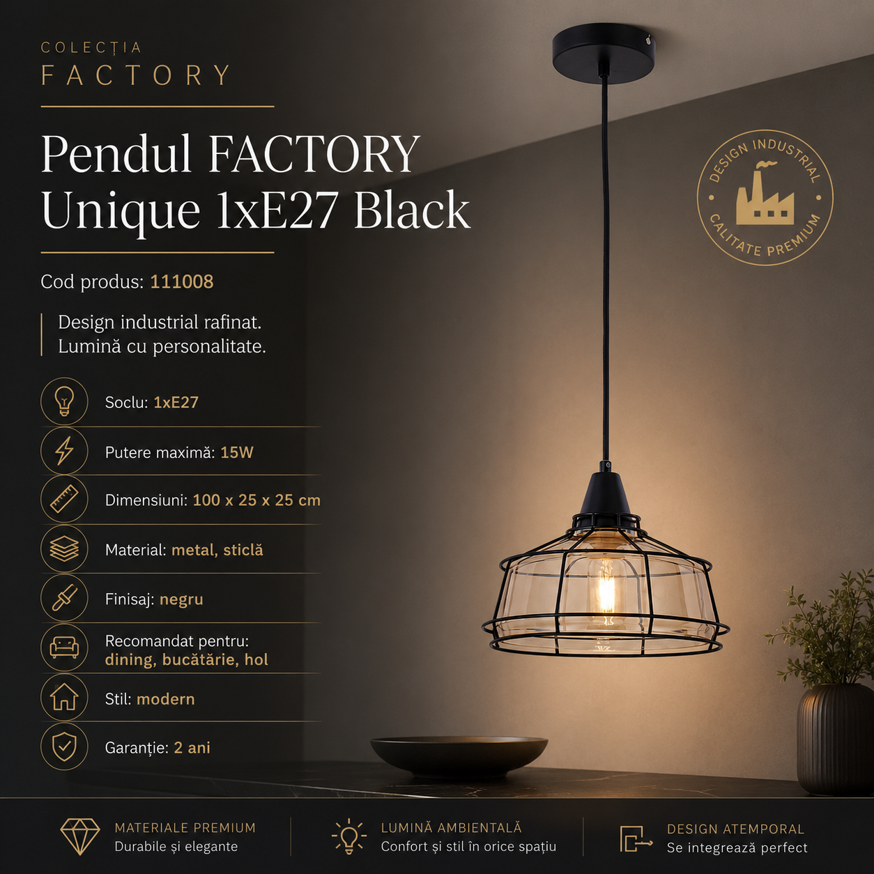 Pendul FACTORY Unique 1xE27 Black