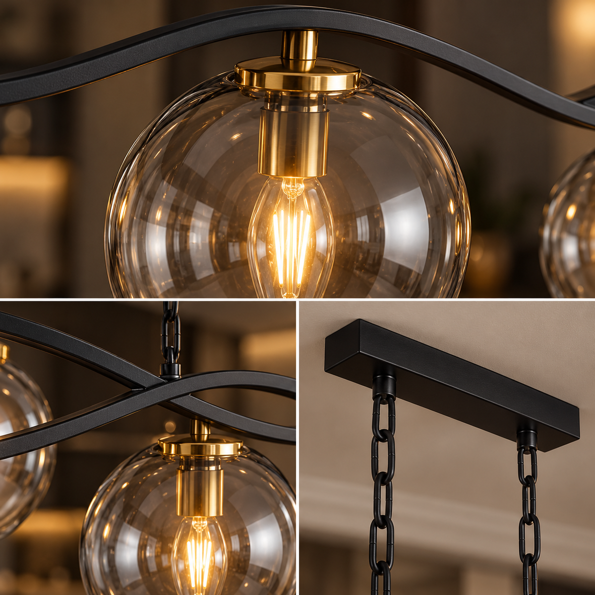 Lustra Liniara cu Abajur ONYX Black & Gold 6xE27 Sticla Fumurie 85CM