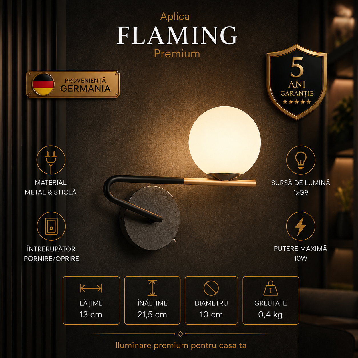 Aplica Premium Flaming Black & Gold 1xG9