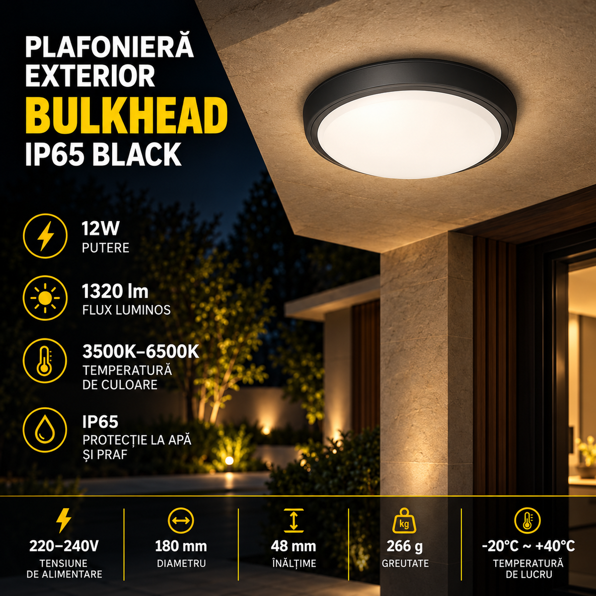 Plafoniera LED Exterior Bulkhead Black IP65 | 12W | 3 Tipuri de Lumina