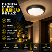 Plafoniera LED Exterior Bulkhead Black IP65 | 12W | 3 Tipuri de Lumina