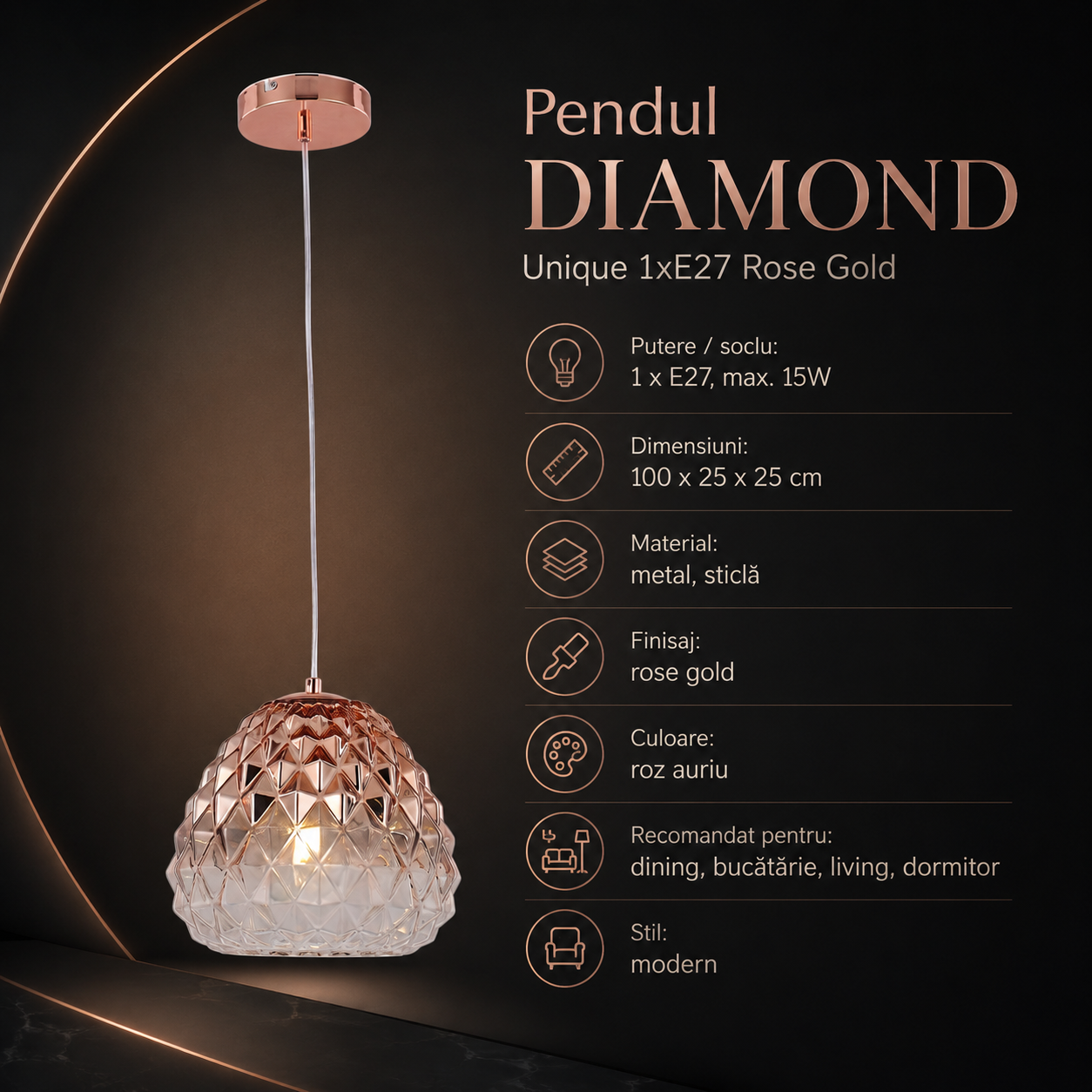 Pendul DIAMOND Unique 1xE27 Rose Gold