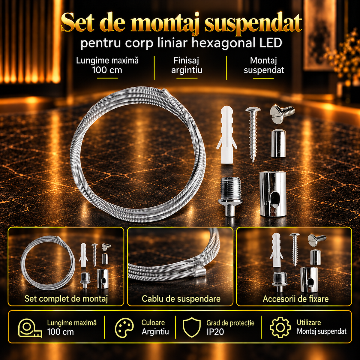 Set de Montat Suspendat HEGZA G1/G2 pentru Corp Liniar Hexagonal LED