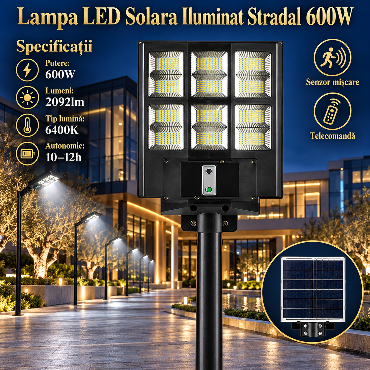 Lampa LED Solara Grand XL cu Senzor Miscare si Telecomanda 600W | 6400K