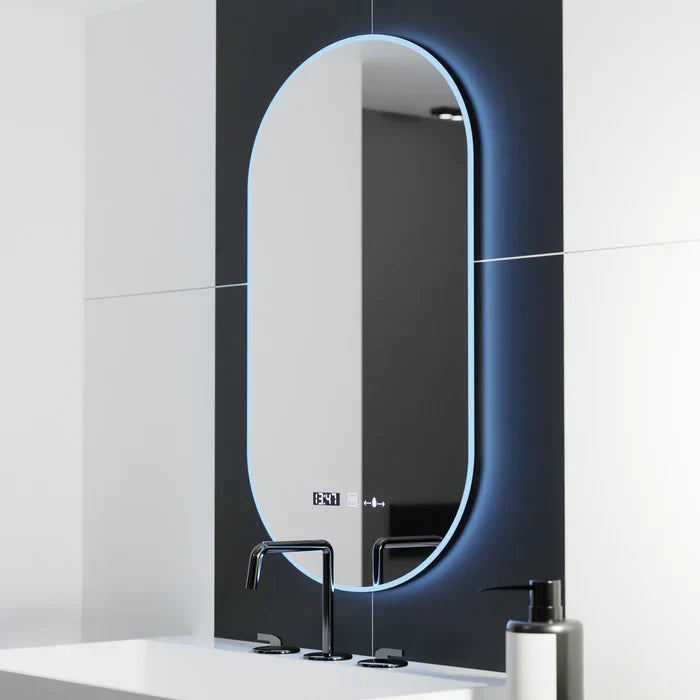Oglinda LED 50x80cm Ovala, Senzor, 3 Lumini, Ceas, Dezaburire si Touch