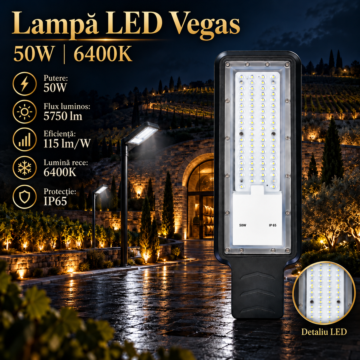 Lampa LED Iluminat Stradal Vegas Black 50W | 5750lm | 6400K | IP65