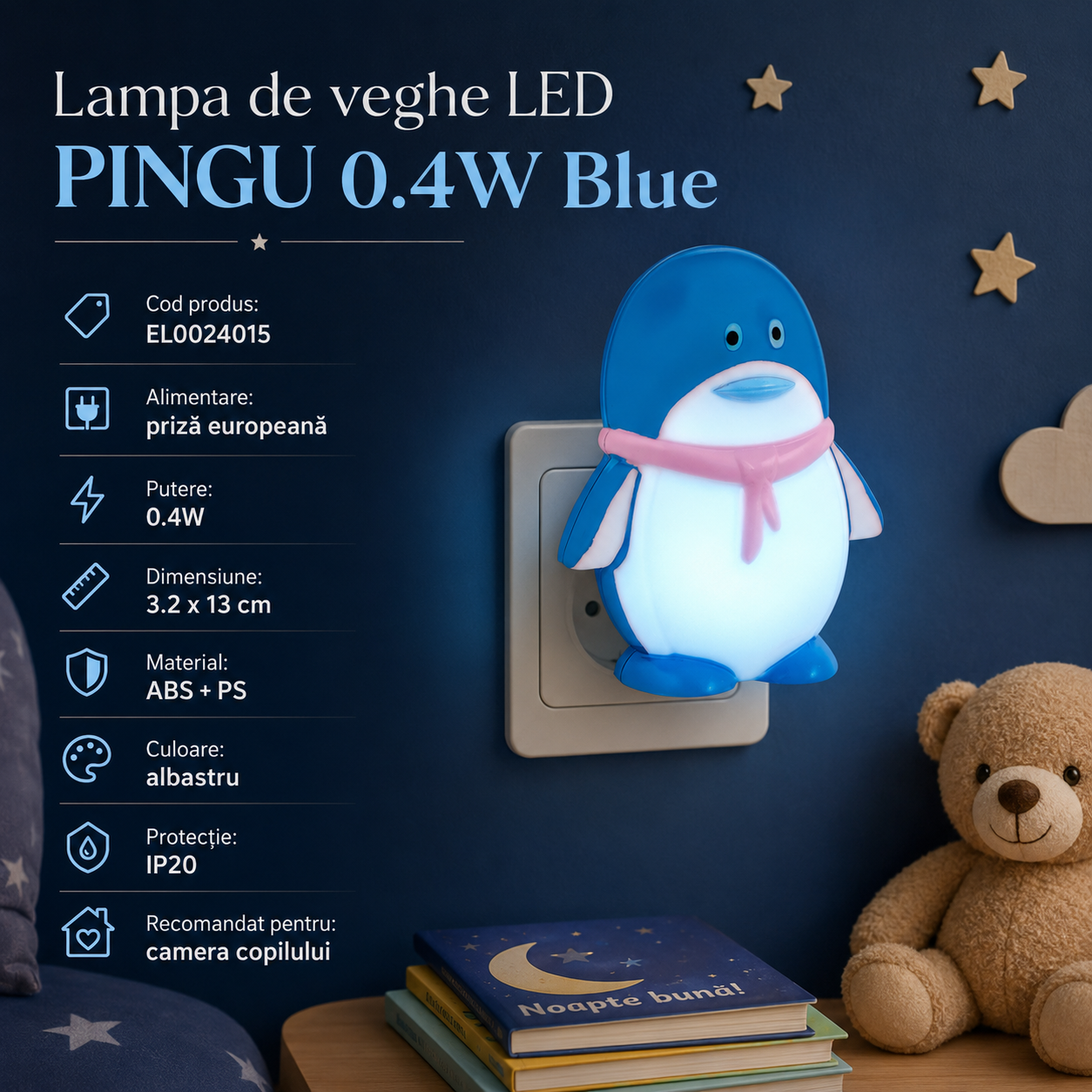 Lampa de veghe LED PINGU 0.4W Blue