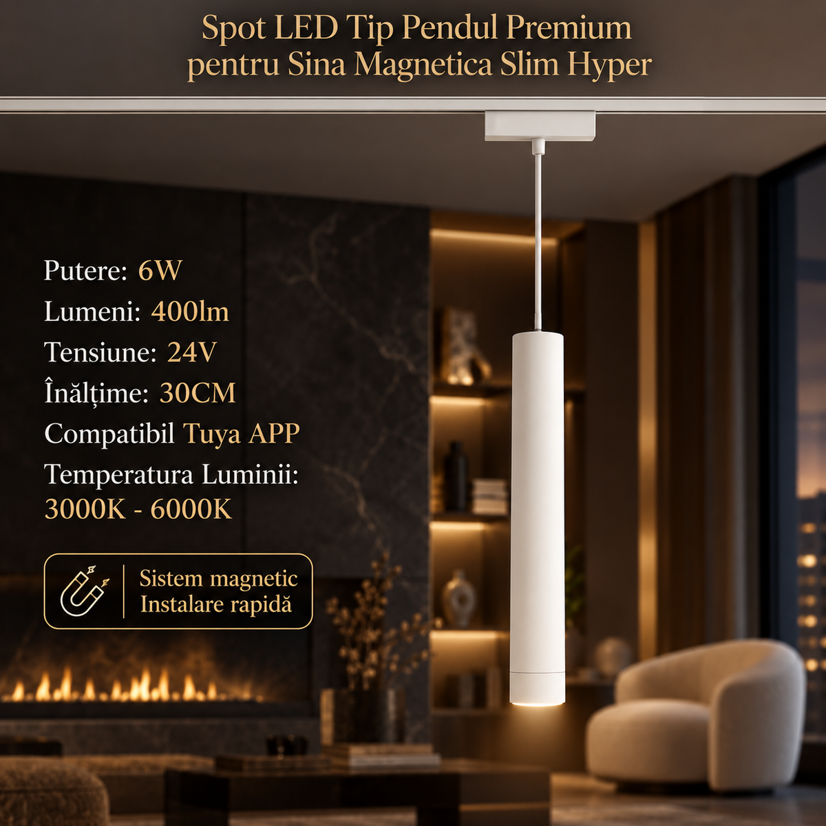 Spot LED Magnetic Tip Pendul Premium Hyper White 6W | H30CM | 24V | 3 Tipuri de Lumina