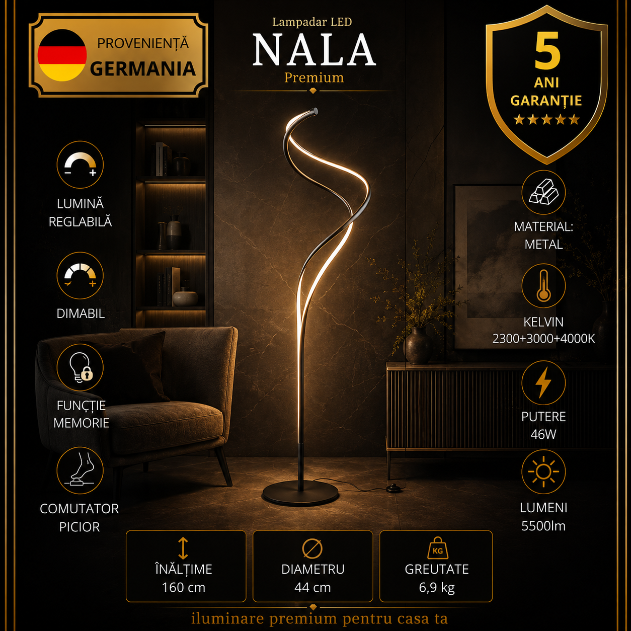 Lampadar LED Premium Nala Black 160CM