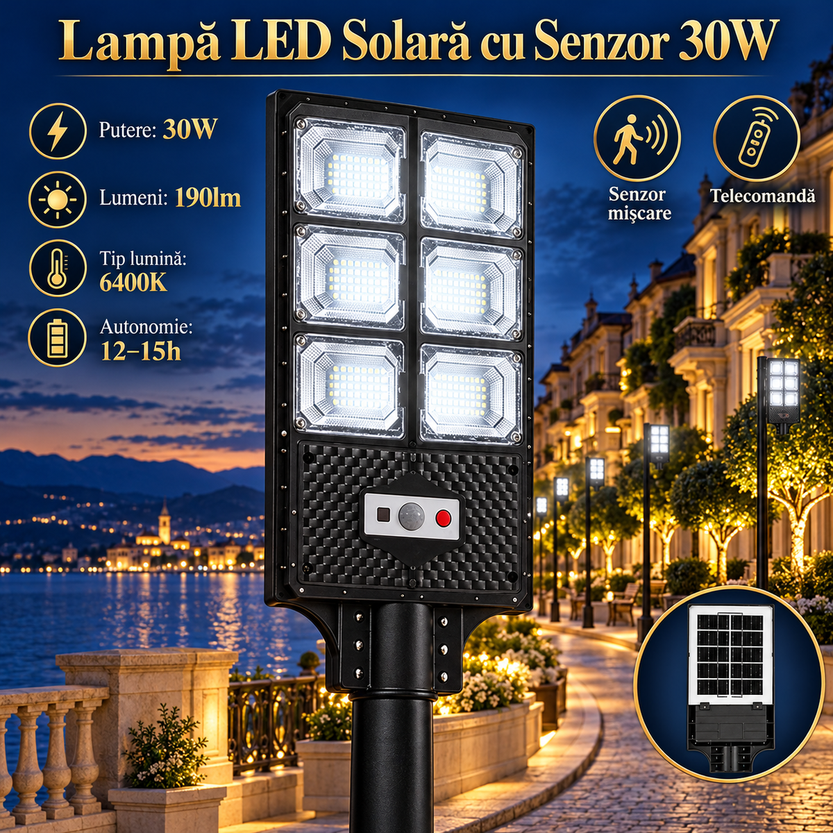 Lampa LED Solara Compact Pro cu Senzor Miscare si Telecomanda 30W | 6400K
