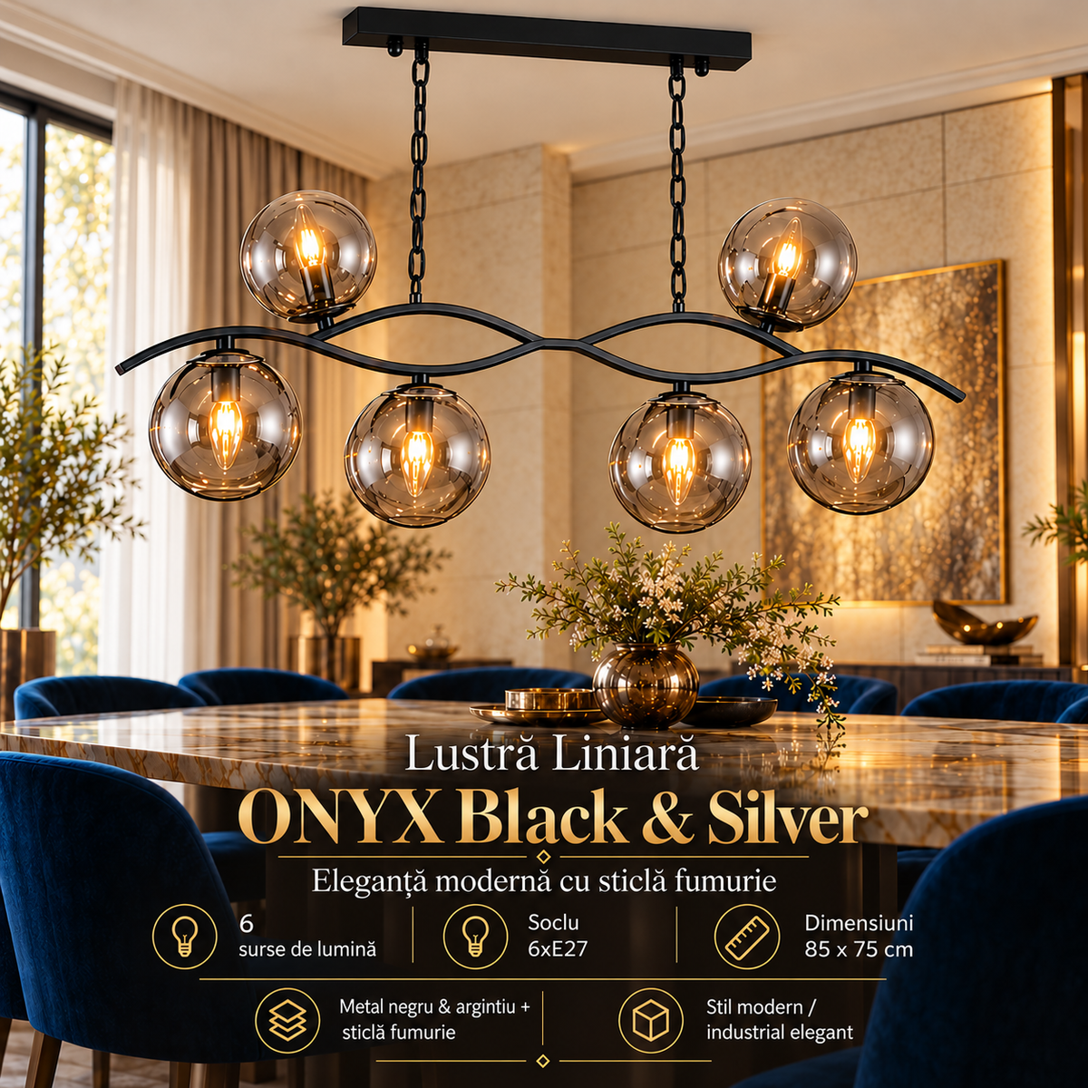 Lustra Liniara cu Abajur ONYX Black & Silver 6xE27 Sticla Fumurie 85CM