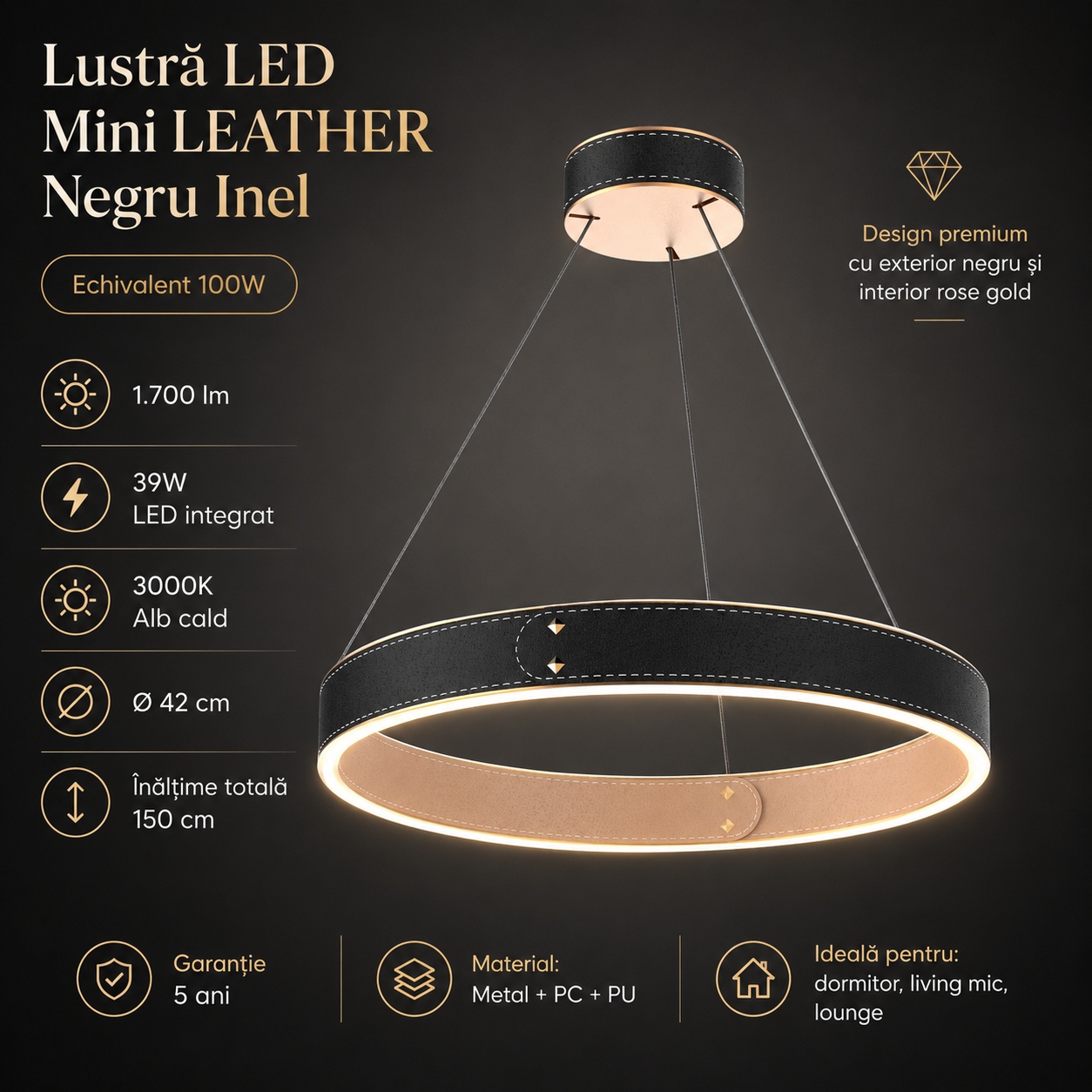 Lustra LED Suspendata LEATHER Unique Black Echivalent 100W