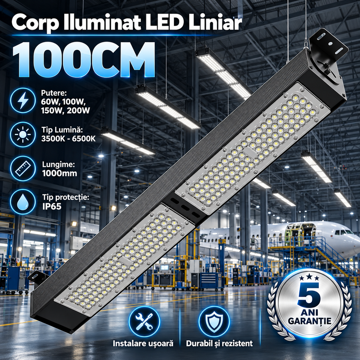 Corp LED Liniar HighBay Putere Reglabila 60W, 100W, 150W, 200W, 100cm CCT, Premium 5 ANI Garantie
