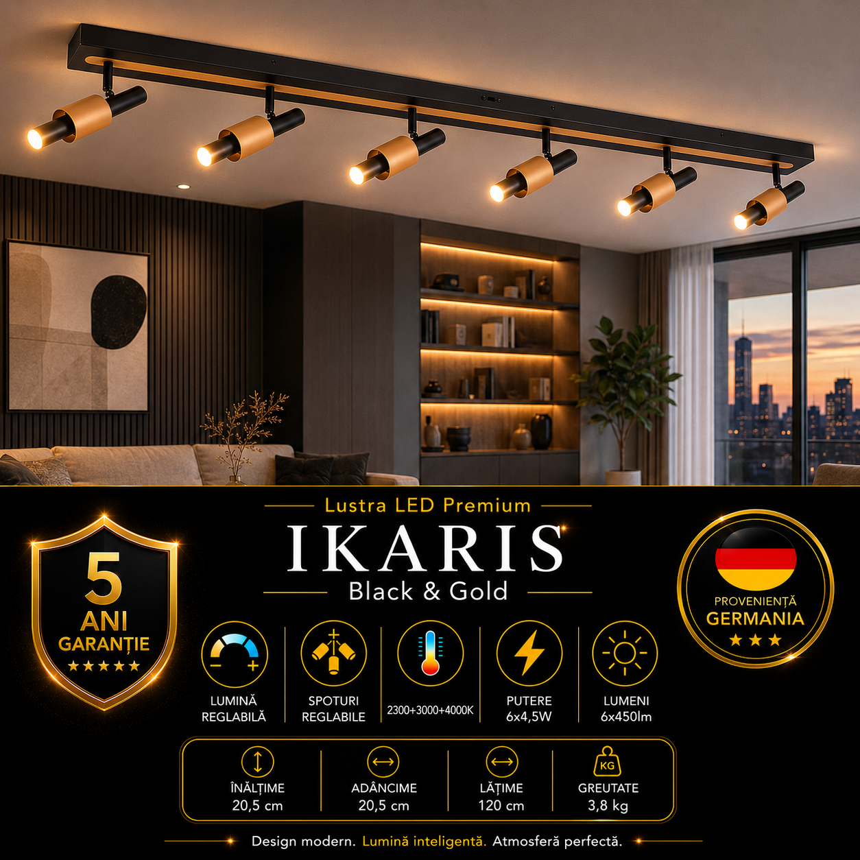 Lustra LED Premium IKARIS Black & Gold cu 6 Spoturi Reglabile