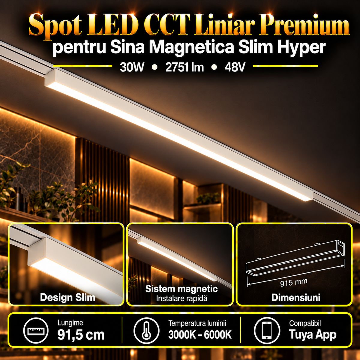 Spot LED Magnetic Liniar Premium Hyper White 30W | 91.5CM | 48V | 3 Tipuri de Lumina