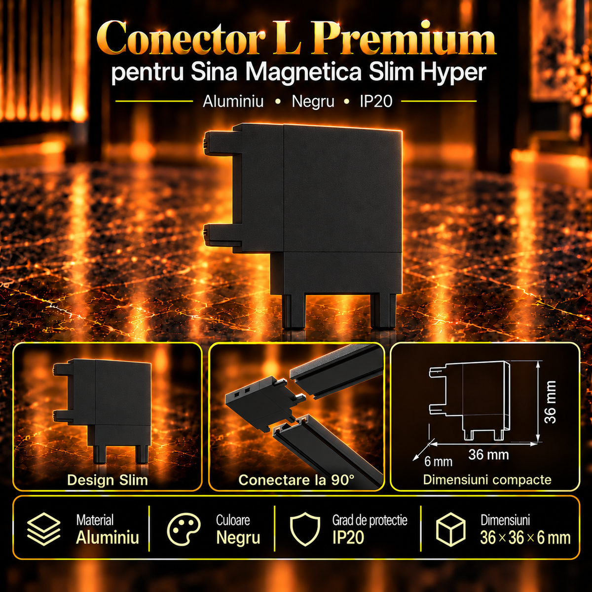 Conector L Premium Black pentru Sina Magnetica Hyper