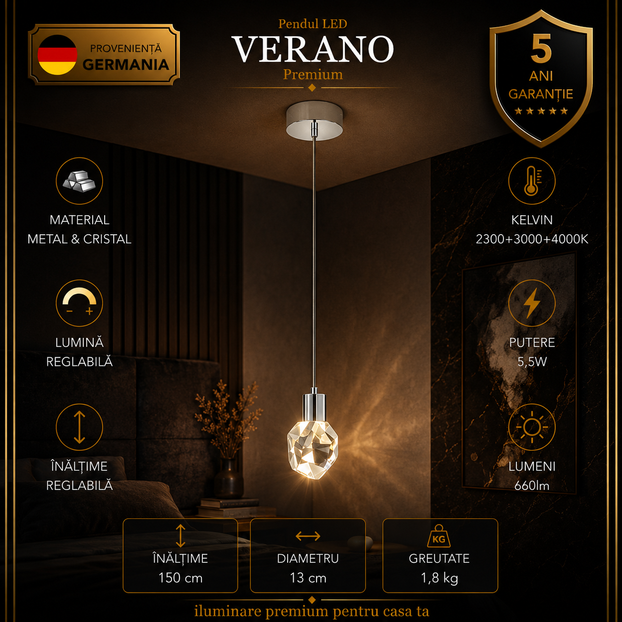 Pendul LED Premium VERANO Silver Crystal