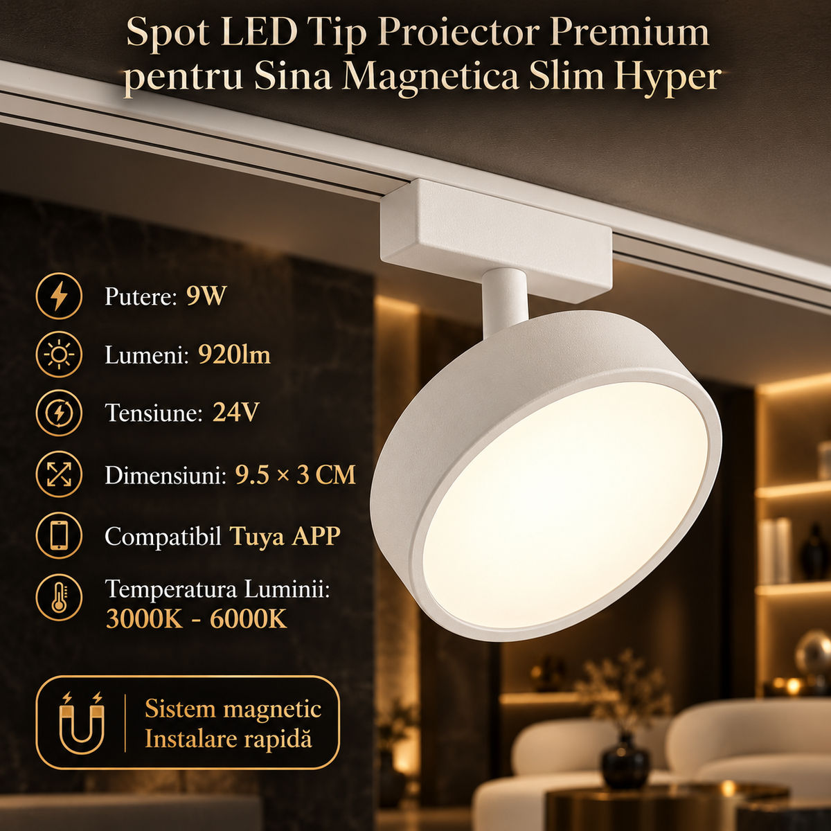 Spot LED Magnetic Rotund Premium Hyper White 9W | ⌀9.5CM | 24V | 3 Tipuri de Lumina