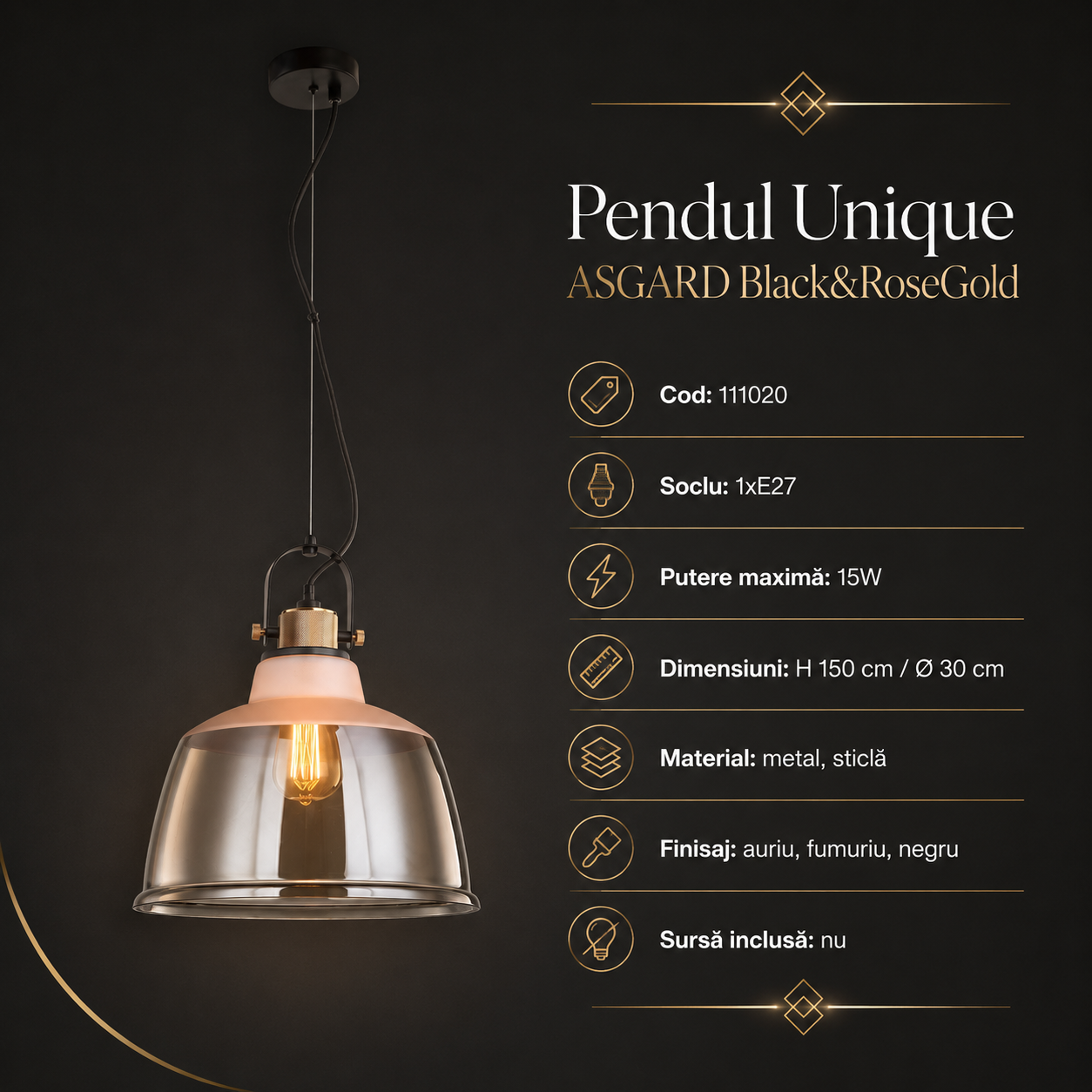 Pendul Unique ASGARD 1xE27 30CM Black&RoseGold
