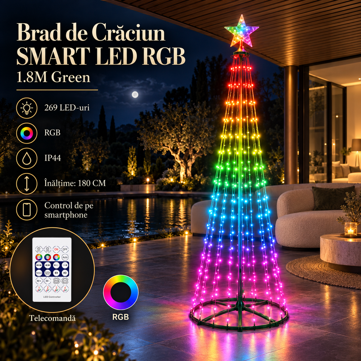 Brad LED RGB SMART de Craciun Verde 180CM | 360lm | Telecomanda | IP44